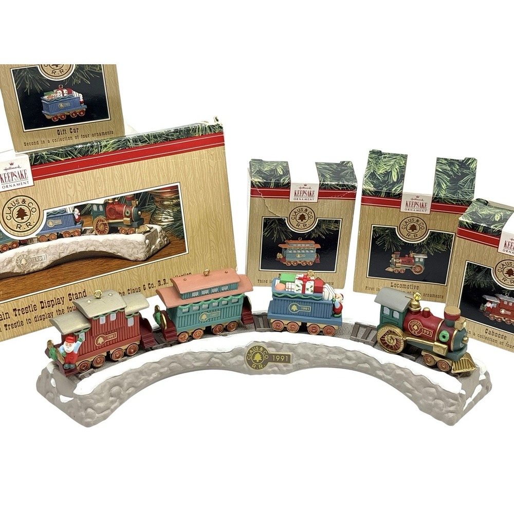 1991 Hallmark Ornament - Train Trestle Display Stand & Trains Set